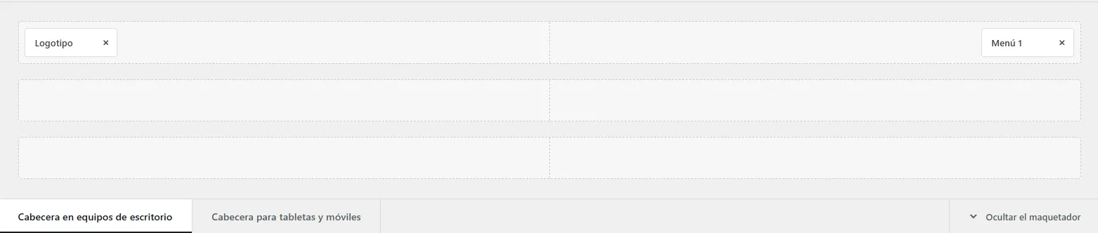 constructor de cabecera con sus tres filas y los elementos disponibles.