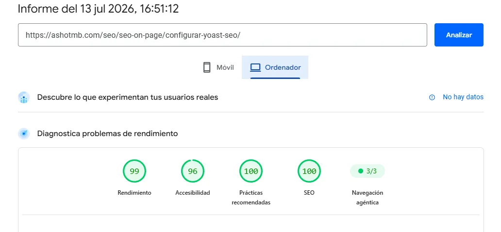 ejemplo de analisis de una url en PageSpeed Insights