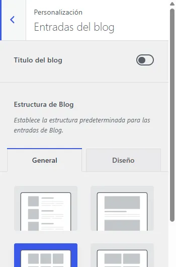 estructura del blog y configuración de columnas, entradas y tarjetas.
