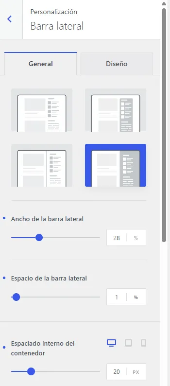 ajustes de la barra lateral y selector de posición en móvil.