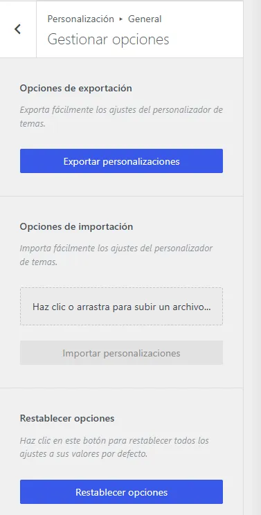funcion de exportar e importar configuracion para blocksy