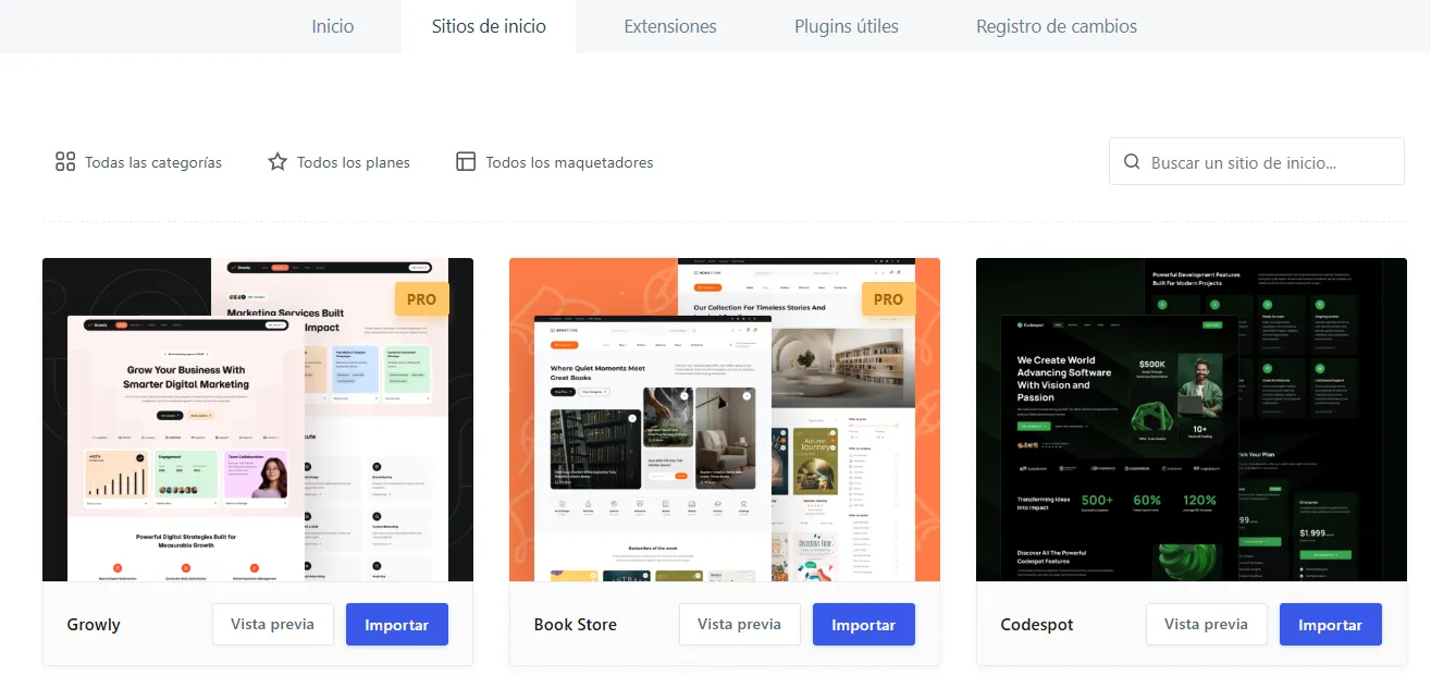 vista general de los sitios de inicio blocksy